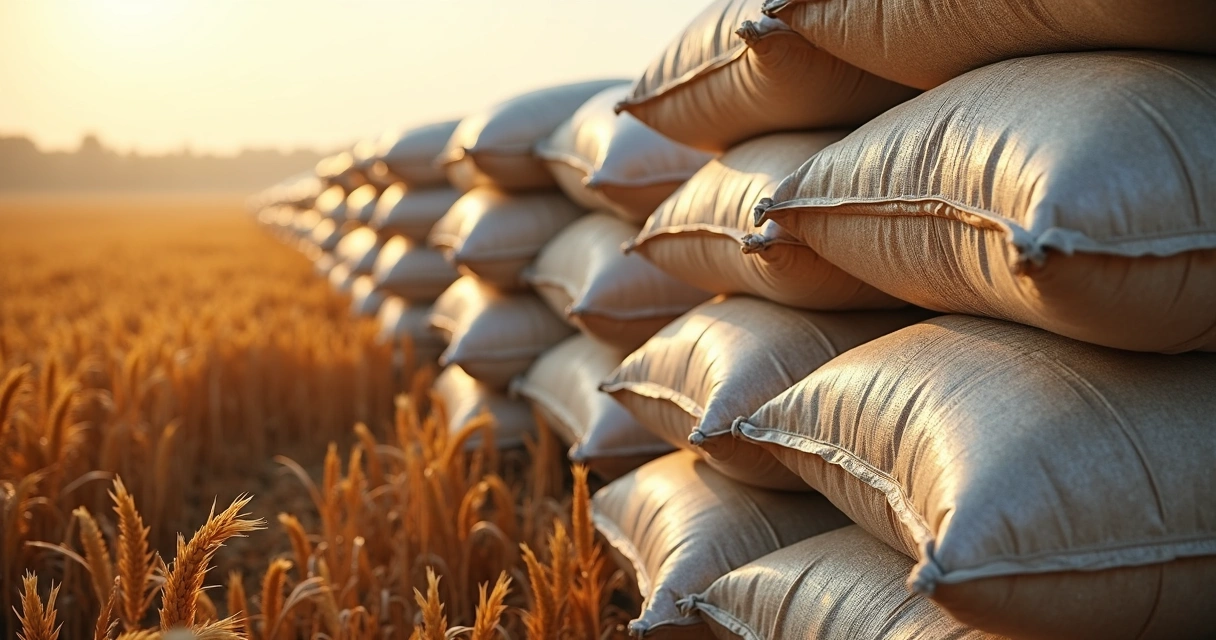 Big bags empilhados lado a lado em campo agrícola após colheita. 