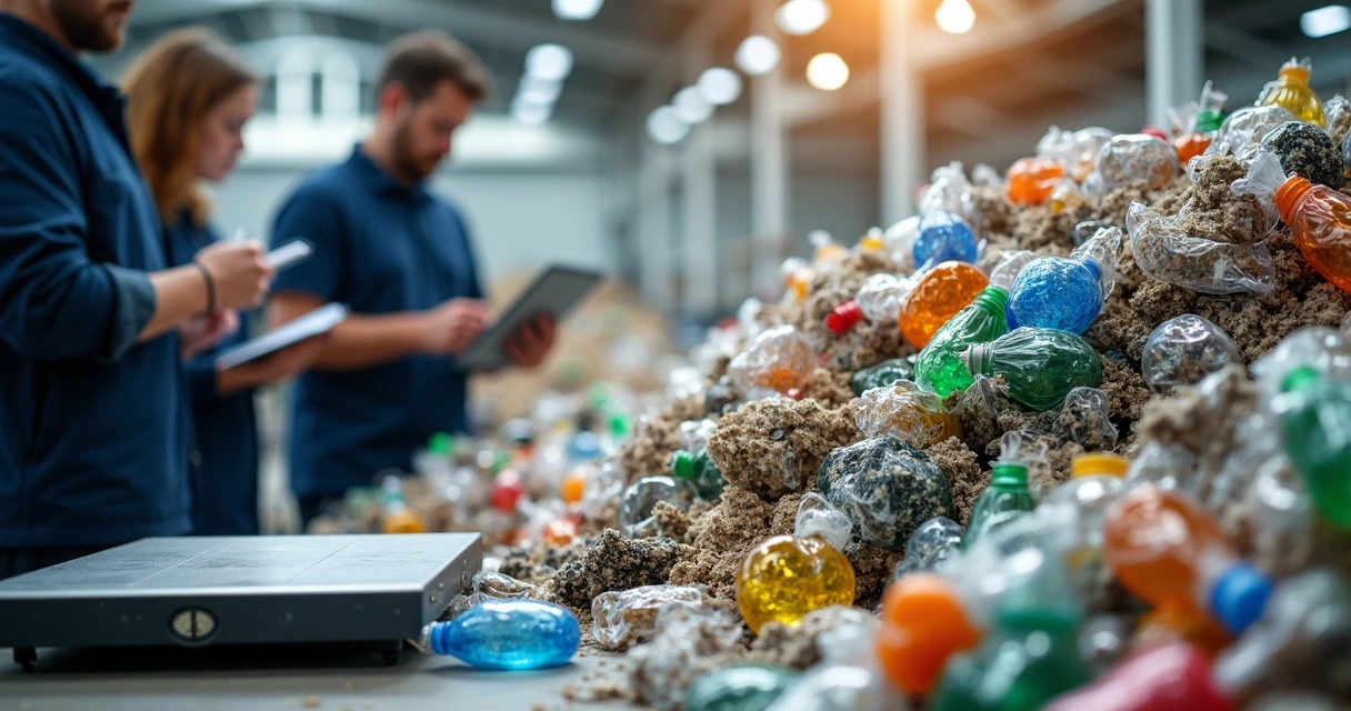 Materiais recicláveis organizados com balança e equipamentos de análise
