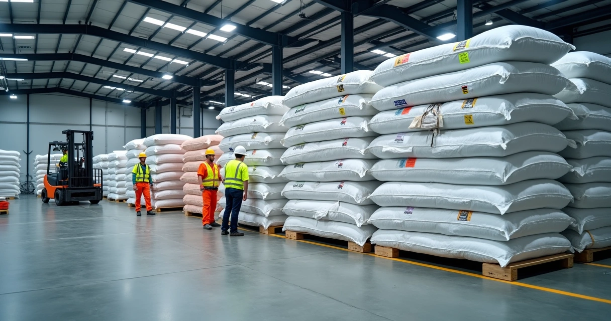 Big bags empilhados corretamente em armazém limpo e iluminado 