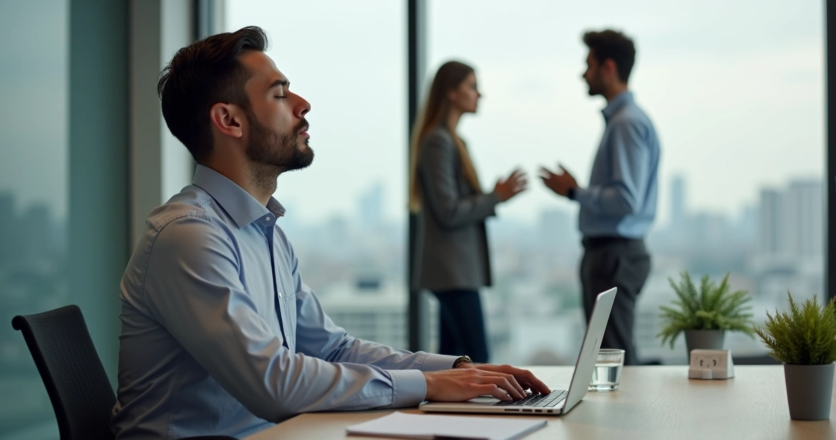 Profesional en oficina respirando profundo y gestionando sus emociones 