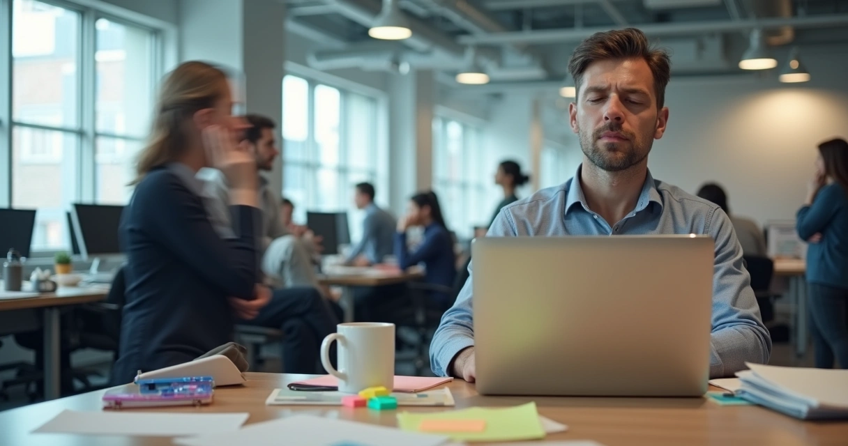 Profesional estresado en oficina intentando practicar mindfulness ante su computadora 