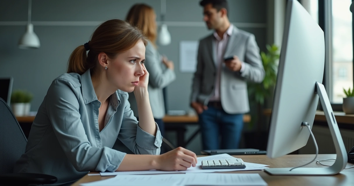 Persona sentada en una oficina mirando la pantalla con expresión cansada