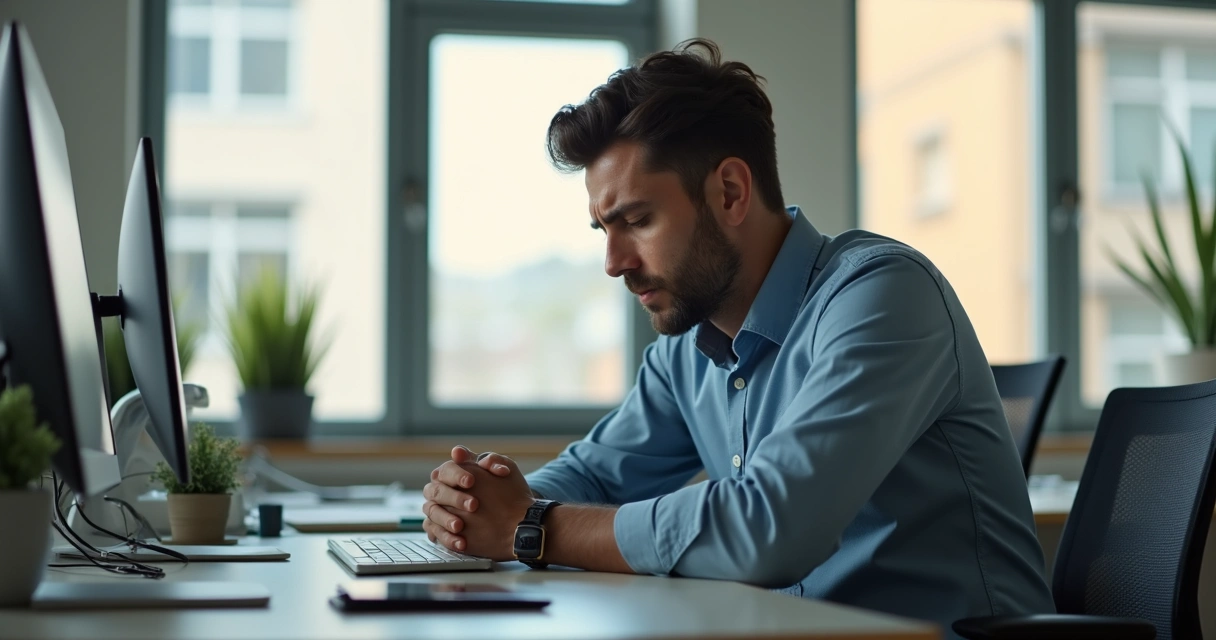 Empleado sentado solo en oficina mirando hacia abajo en actitud reflexiva