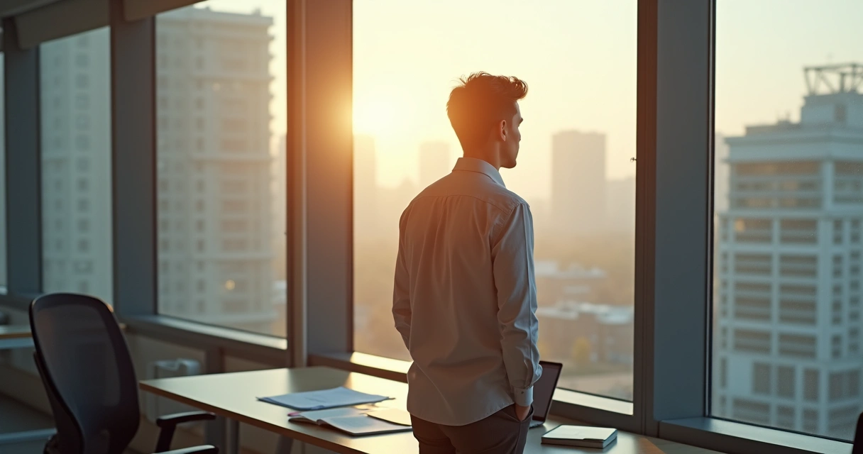 Empleado reflexionando mirando por la ventana en una oficina moderna