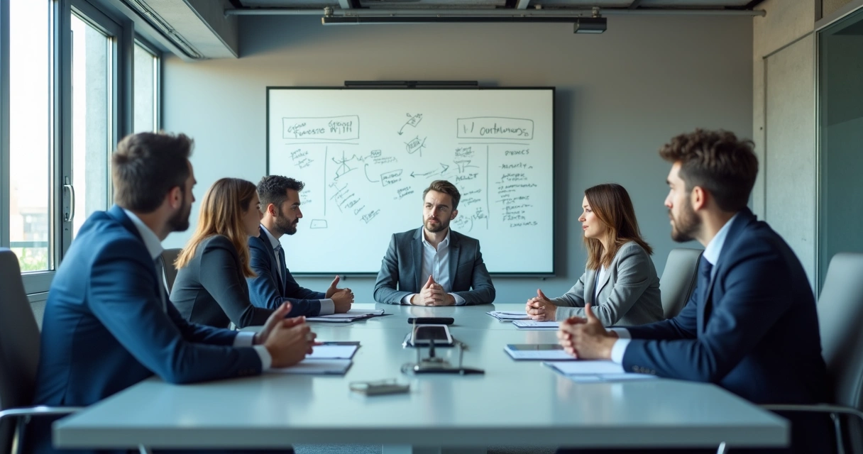 Grupo de empleados en una sala de reuniones durante una lluvia de ideas 
