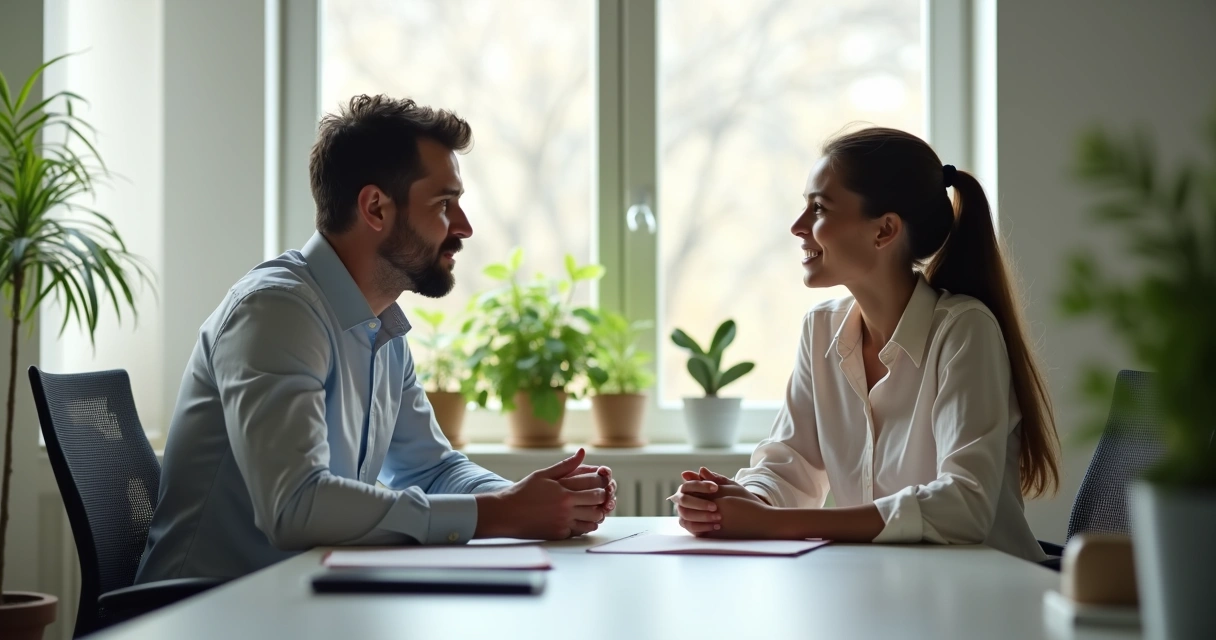 Dos empleados conversan en una oficina moderna, ambos sentados y mostrando lenguaje corporal abierto. 