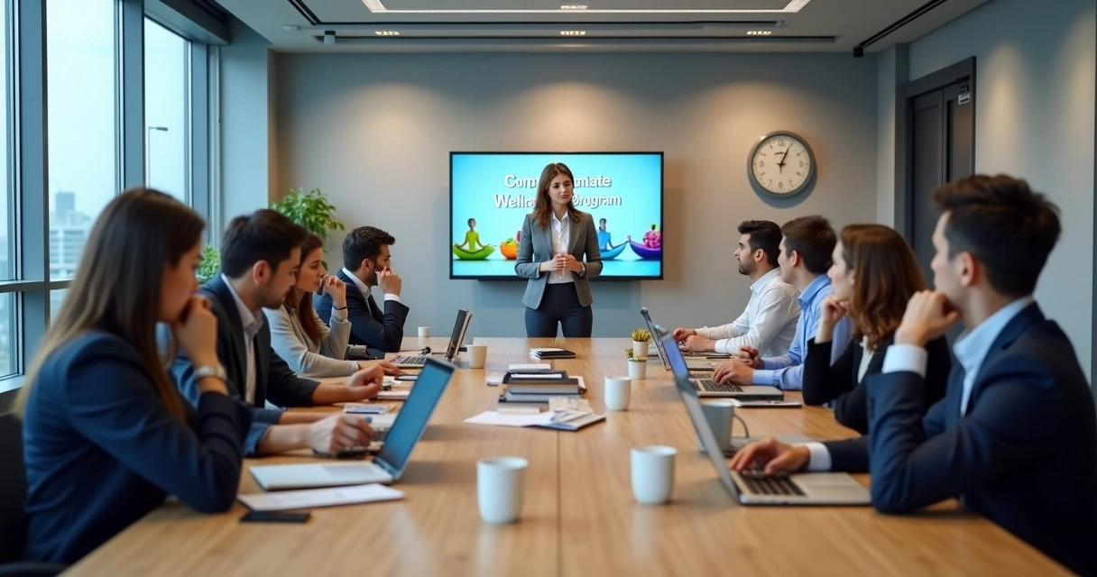 Equipo de oficina mirando aburrido una charla de bienestar corporativo 