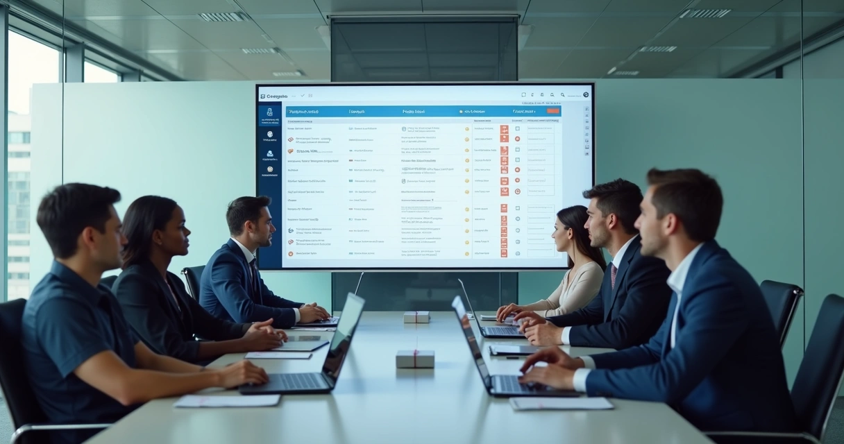 Team reviewing access permissions on a conference room screen 