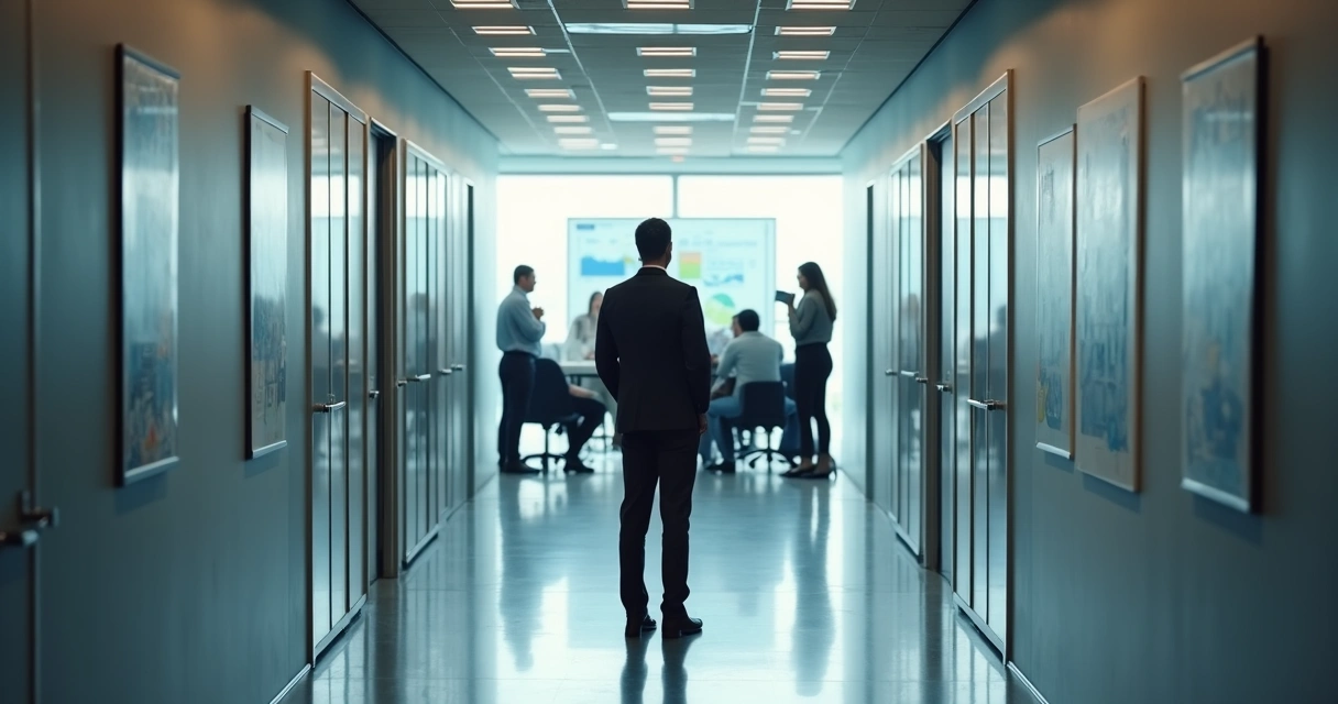 Employee pausing in hallway, uncertain about taking next step