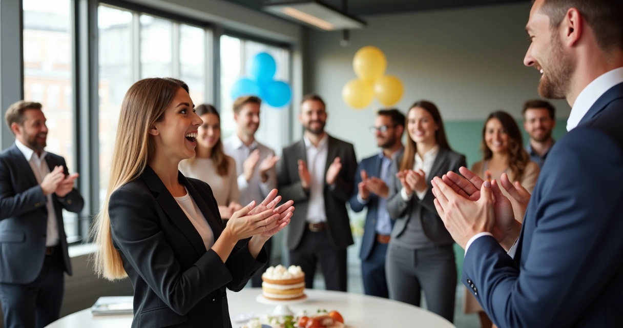 Employee being recognized and applauded in an office 