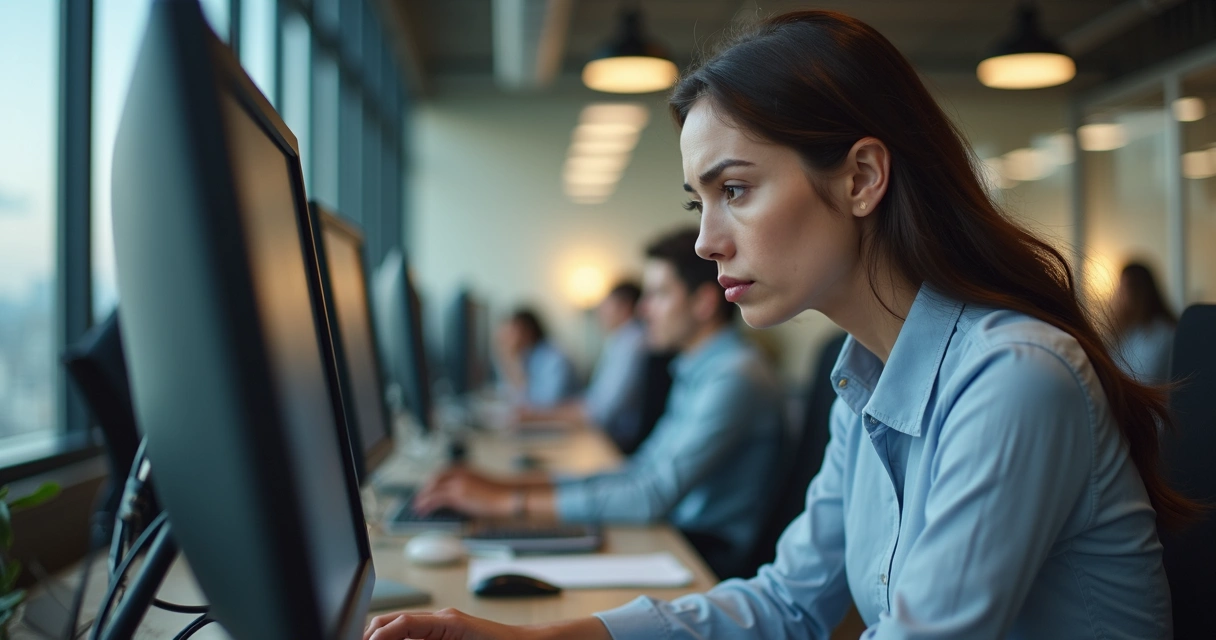 Woman sitting at desk with mixed expressions, highlighting internal struggle at work 