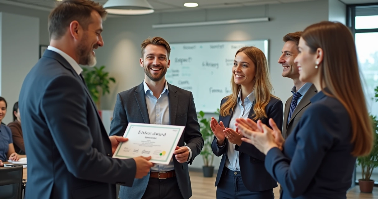 Coworker receiving an ethics award in an office meeting 