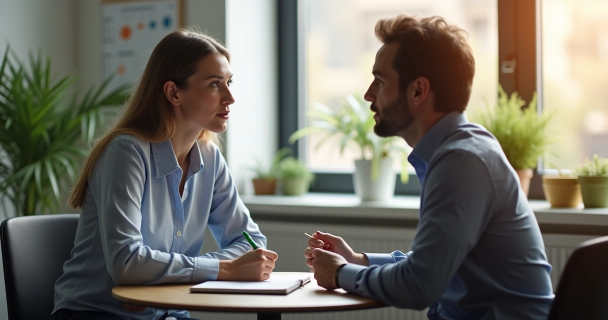 Two coworkers having a thoughtful feedback conversation in an office 