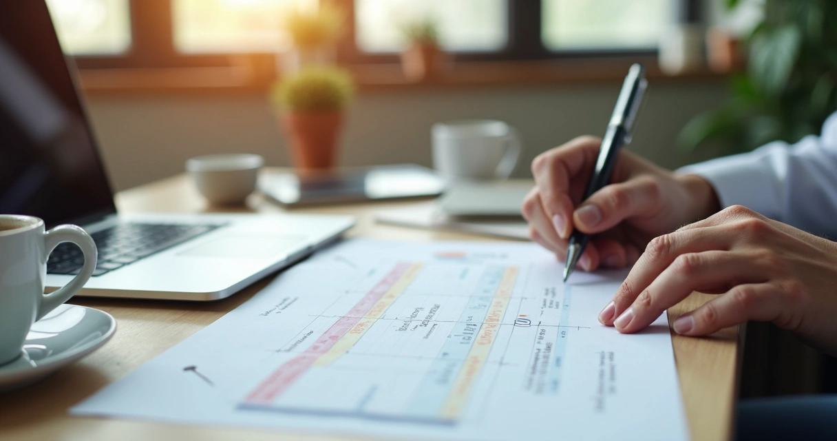 Professional reviewing a growth plan with notes and milestones