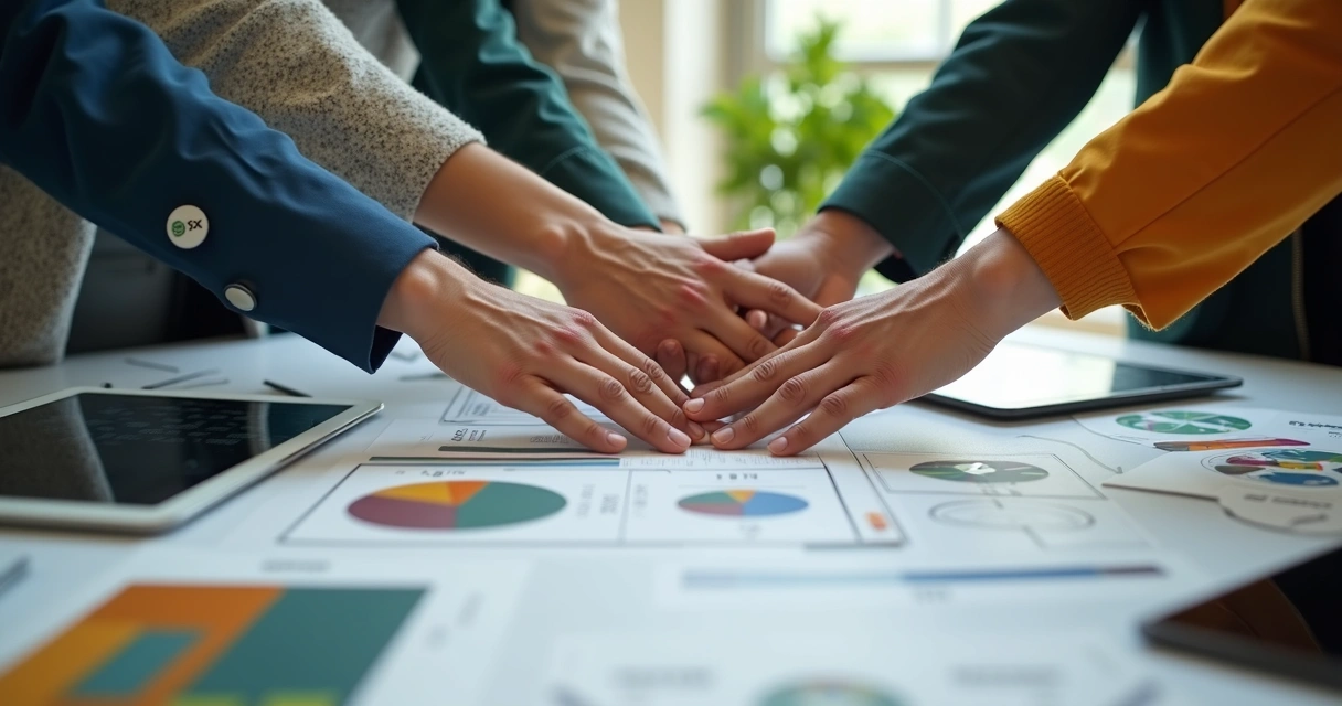 Employee hands joined together showing team spirit 