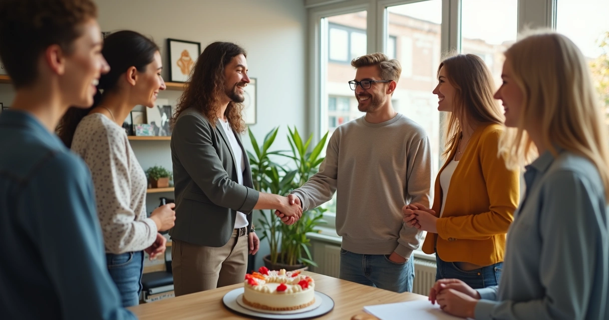 Coworkers holding a small farewell gathering in an office, with a thank-you card and handshake