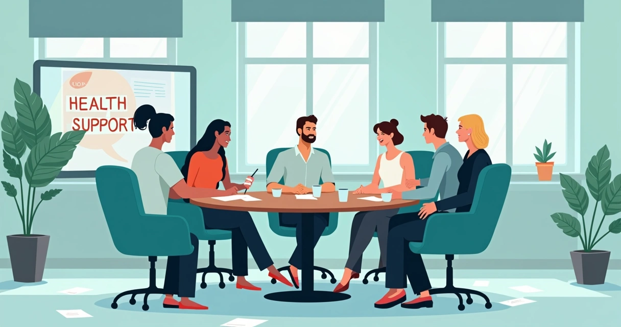 Group of diverse employees at a round table discussing mental health support at work 