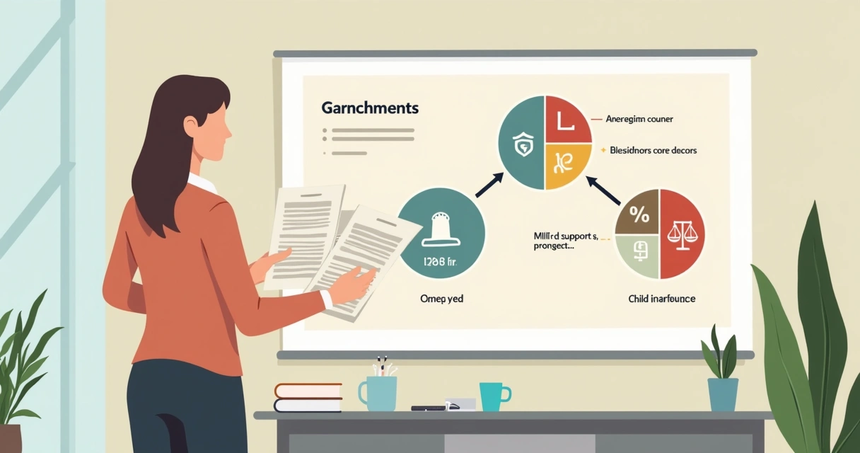 Illustration of employee facing multiple garnishment orders with percentage charts 