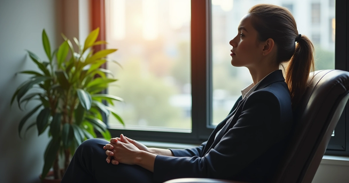 Employee in an office quietly reflecting in a comfortable chair 