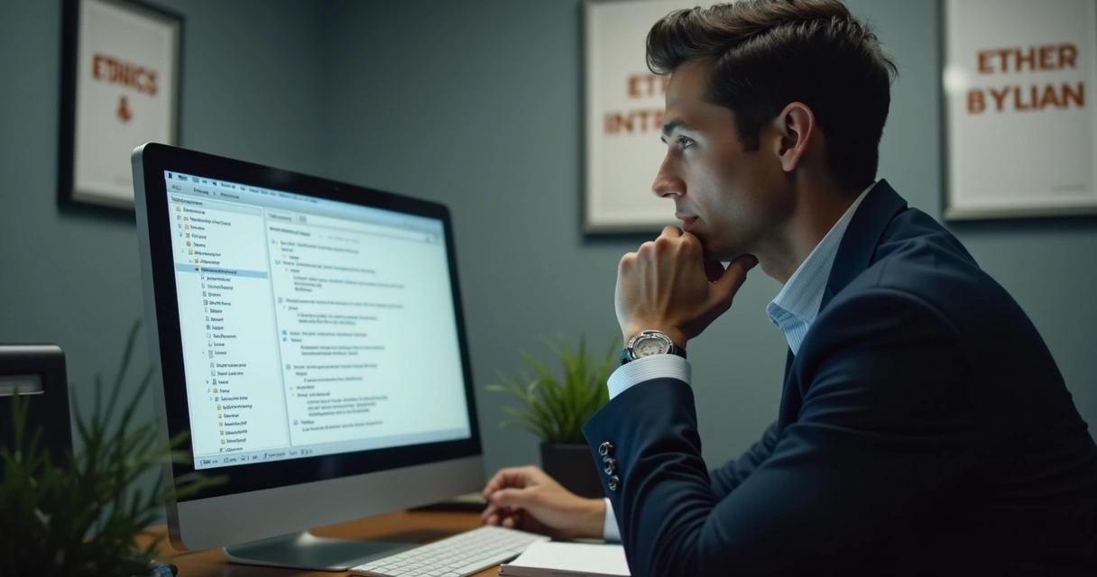 Employee looking thoughtful while considering ethical implications at desk 