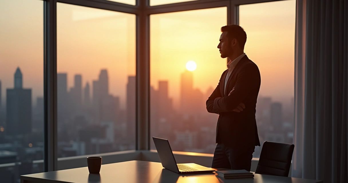 Professional reflecting by office window at sunset