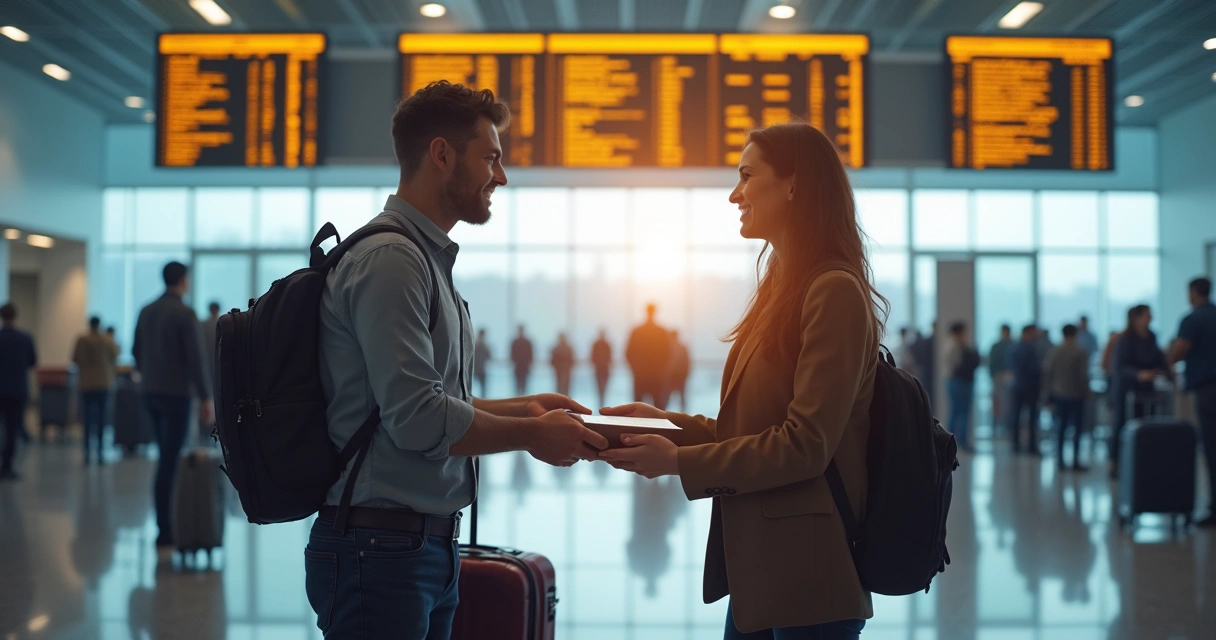 Relocated employee getting support at the airport from HR representative 