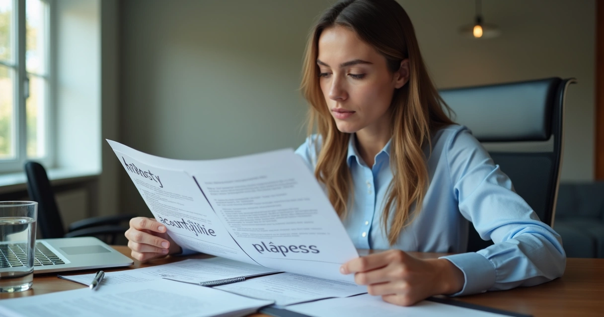 Employee reviewing ethics notes at a desk 