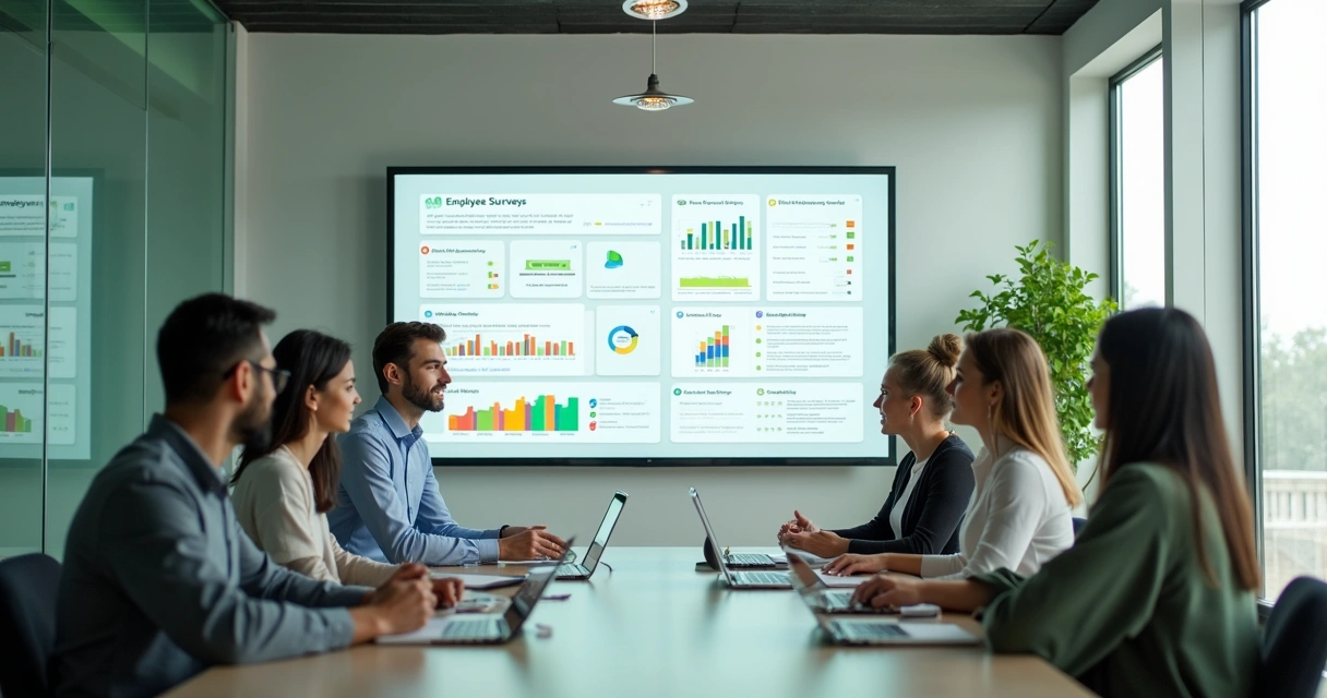 Manager reviewing employee survey results with team
