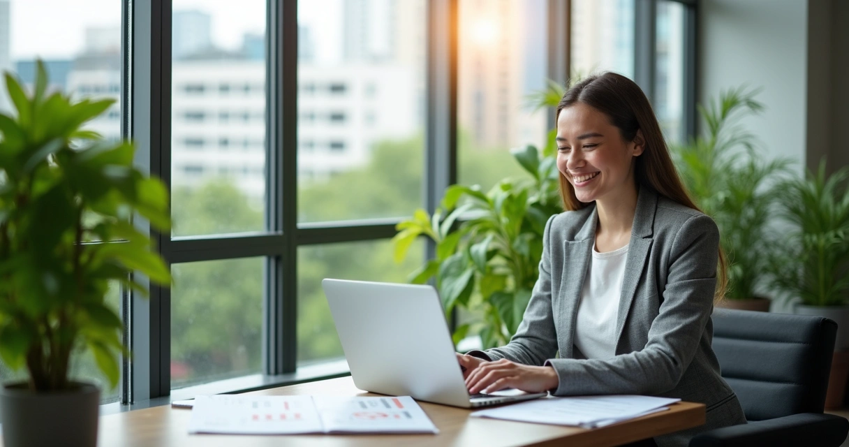 Relocated employee enjoying greenery in new workspace 