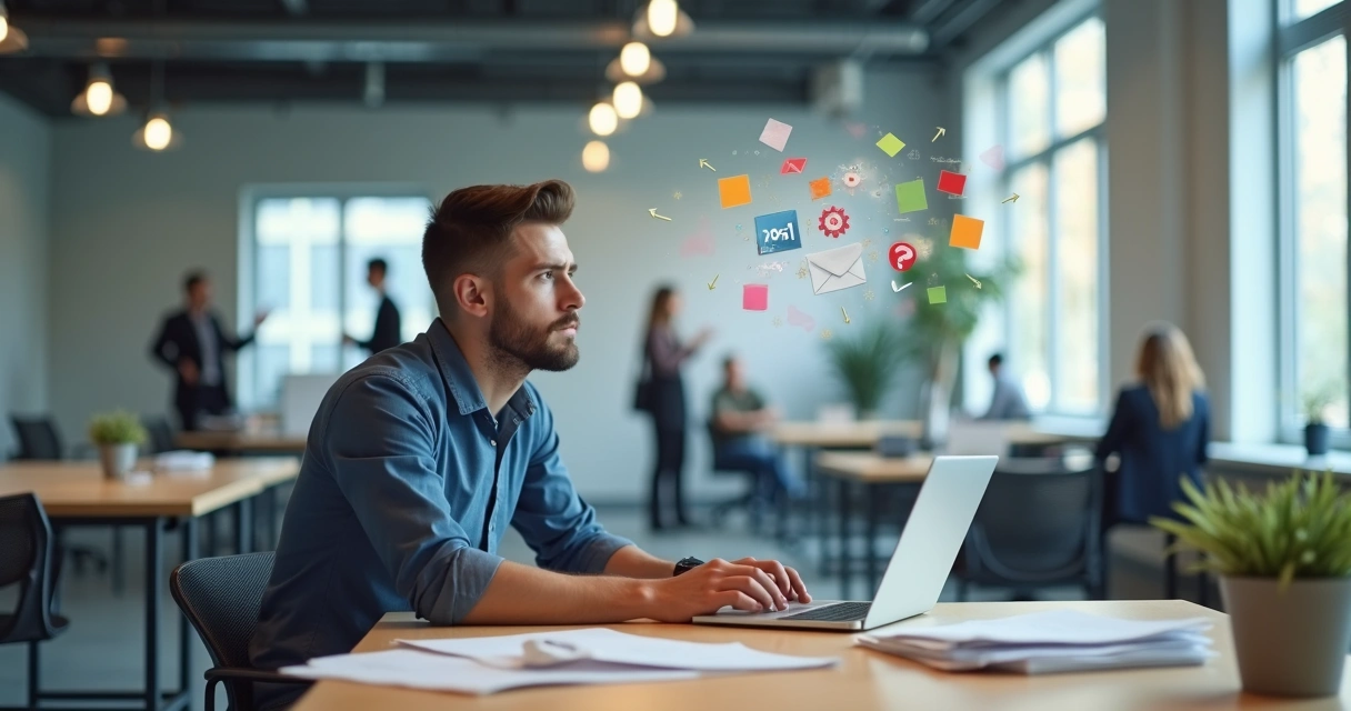 Professional sitting at desk surrounded by mismatched work symbols looking uncertain 
