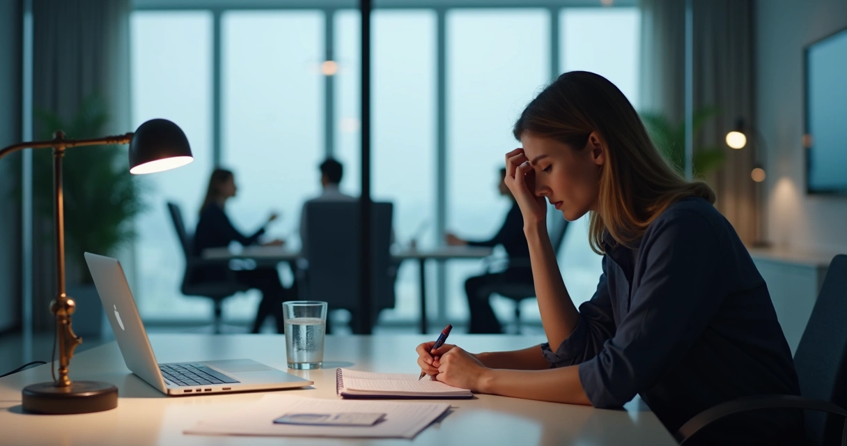 Employee writing notes at a desk after a difficult meeting 