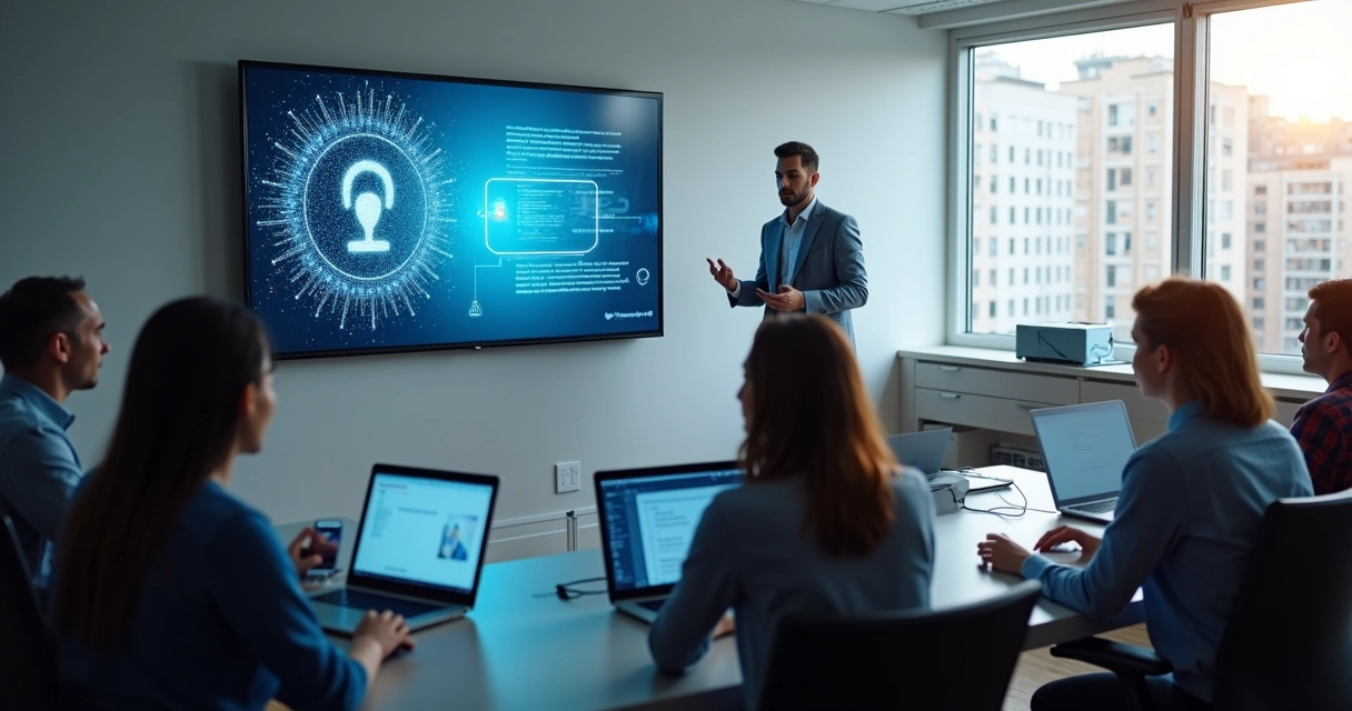 Employees in cybersecurity training with screens 