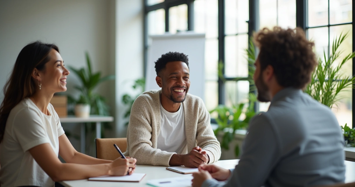 Two employees talking in a bright office while another listens and takes notes 
