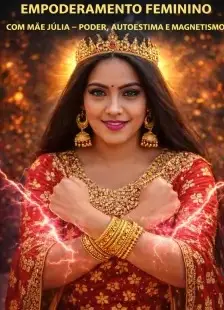 Mulher indiana vestindo roupa tradicional vermelha e dourada com joias e coroa, fazendo pose de poder