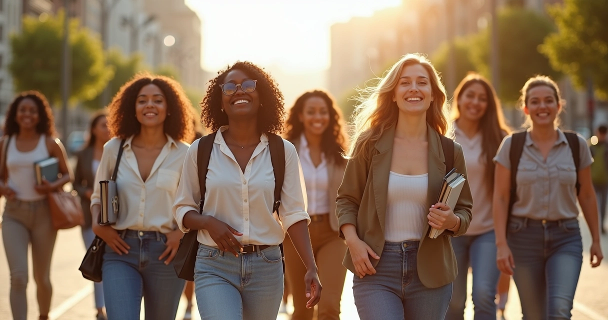 Grupo de mulheres diversas caminhando juntas, expressando força e união 