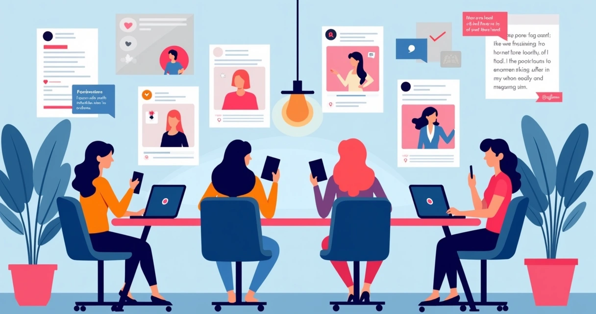 Mulheres utilizando redes sociais para empoderamento em um ambiente colaborativo 