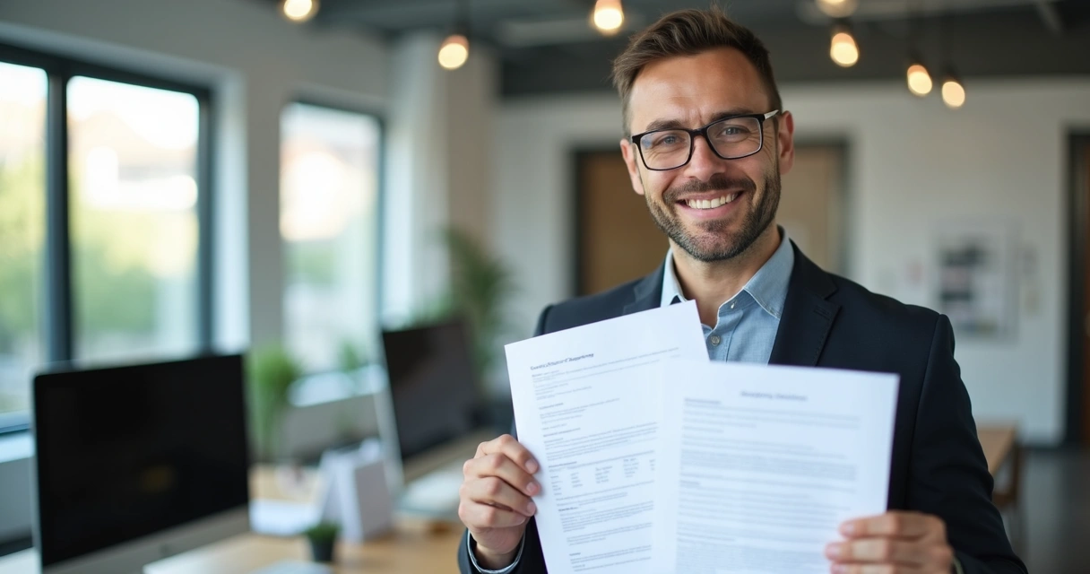 Empreendedor sorrindo segurando documentos para abertura de Empresa Individual em ambiente de escritório moderno com computador e calendário ao fundo 