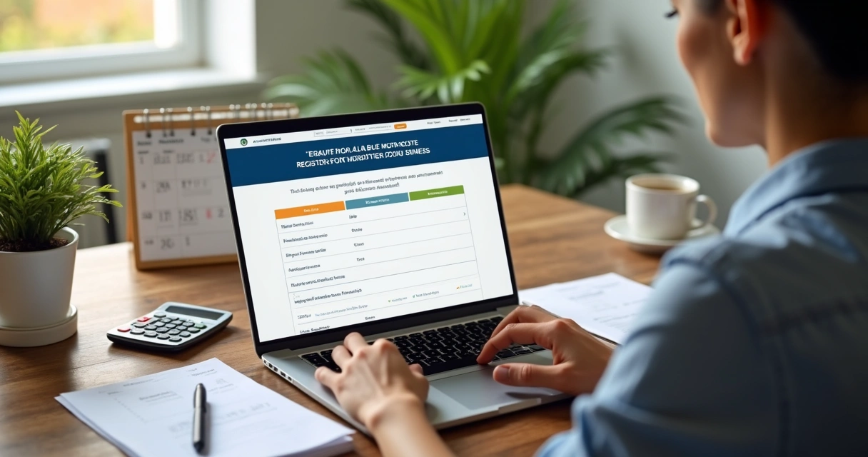 Pessoa abrindo empresa digitalmente com computador e documentos fiscais na mesa 