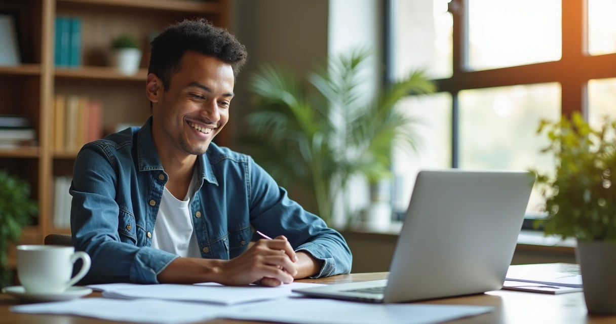 Empreendedor sorrindo na frente de computador ao formalizar empresa 