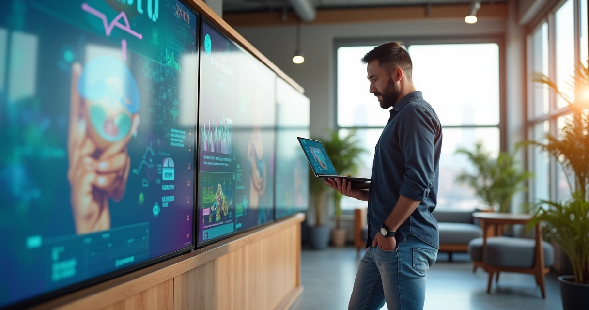 Empreendedor gerenciando franquia digital com displays de anúncio em ambiente moderno e luz natural 