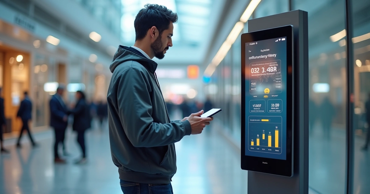 Empreendedor gerenciando totem carregador digital em ambiente comercial moderno 