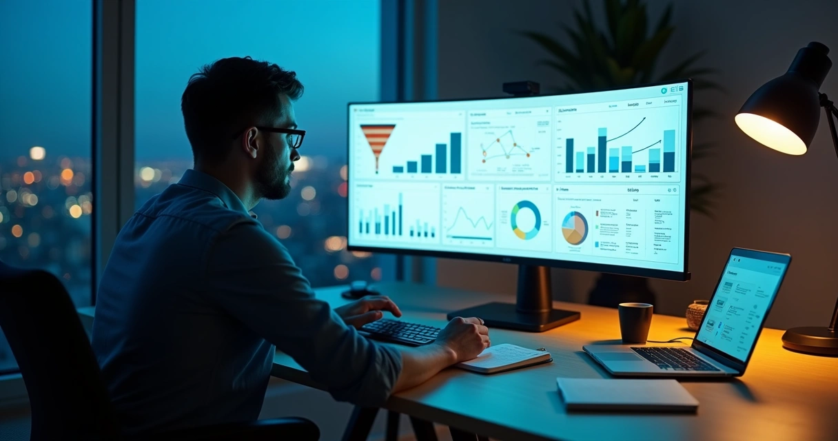 Empreendedor de agência digital trabalhando sozinho em home office com painel de métricas na tela 