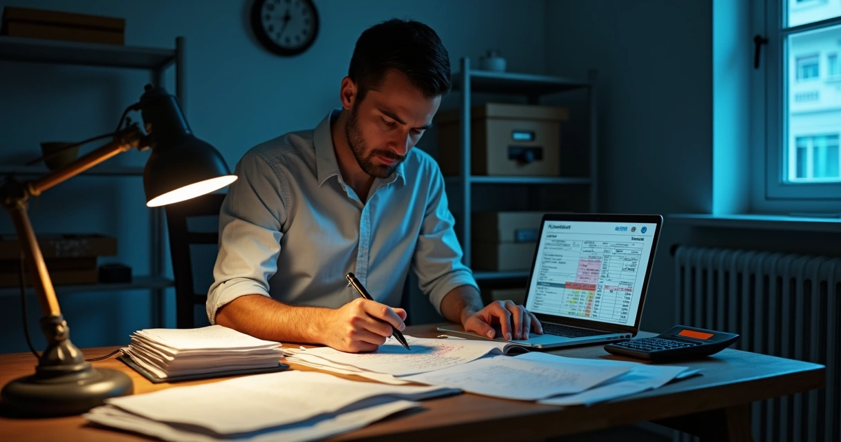 Empresário em pequena sala avaliando maços de contas e fluxo de caixa em clima de urgência 