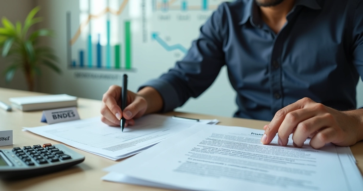 Empresário de PME analisando contrato de crédito com bancos públicos em mesa de reunião 