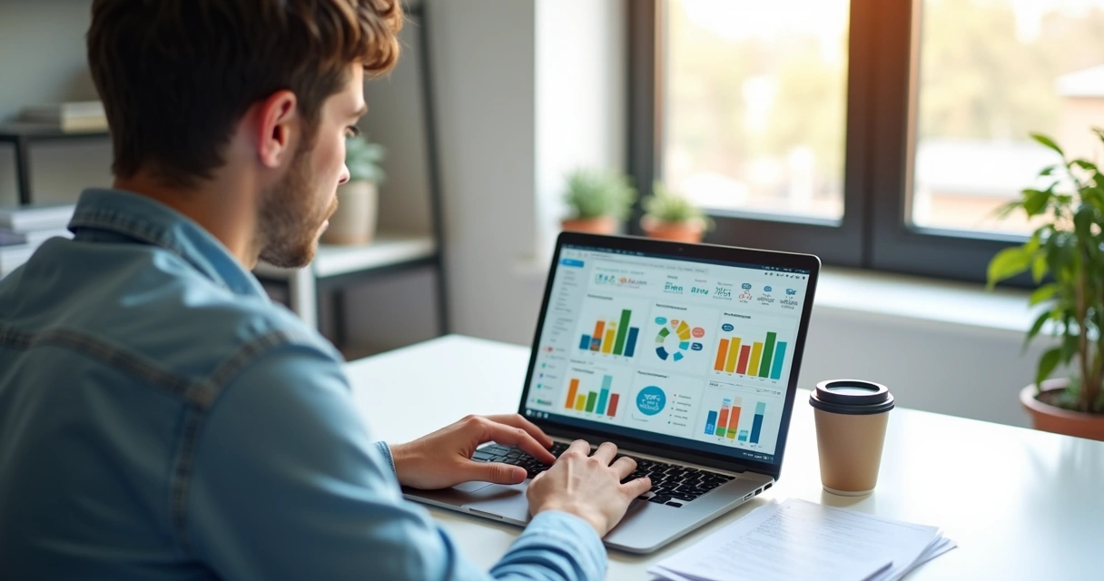 Empreendedor analisa painel digital no notebook 