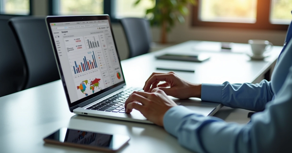 Empresário olhando tela do notebook com gráficos financeiros e boletos digitais no escritório moderno 