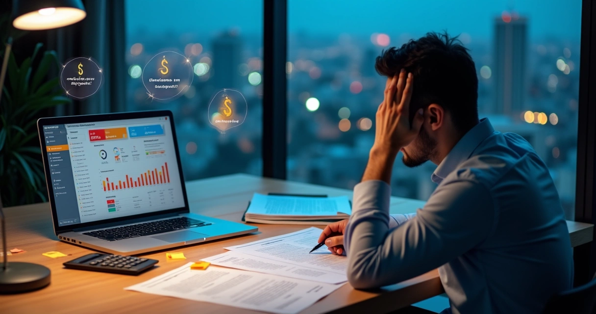Empreendedor brasileiro analisa contrato de franquia digital em escritório moderno 