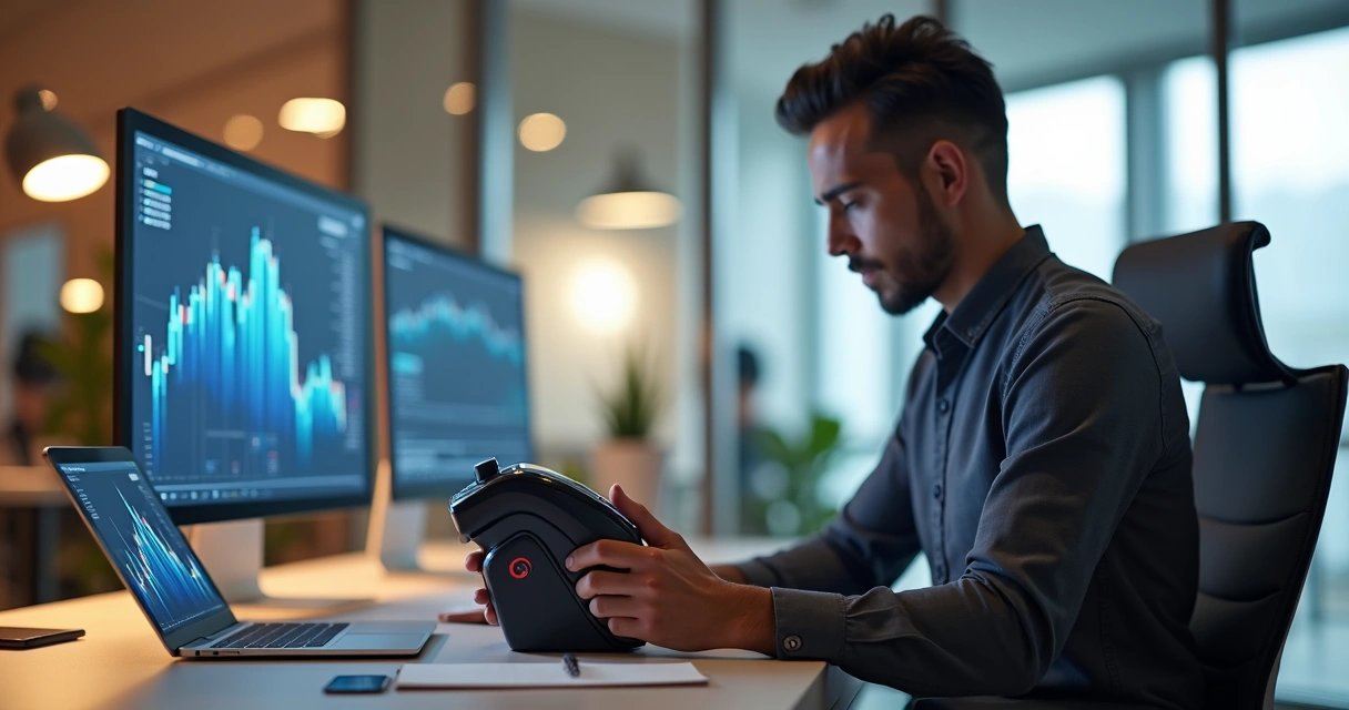 Empreendedor analisando uma maquininha de pagamento personalizada em uma mesa moderna 