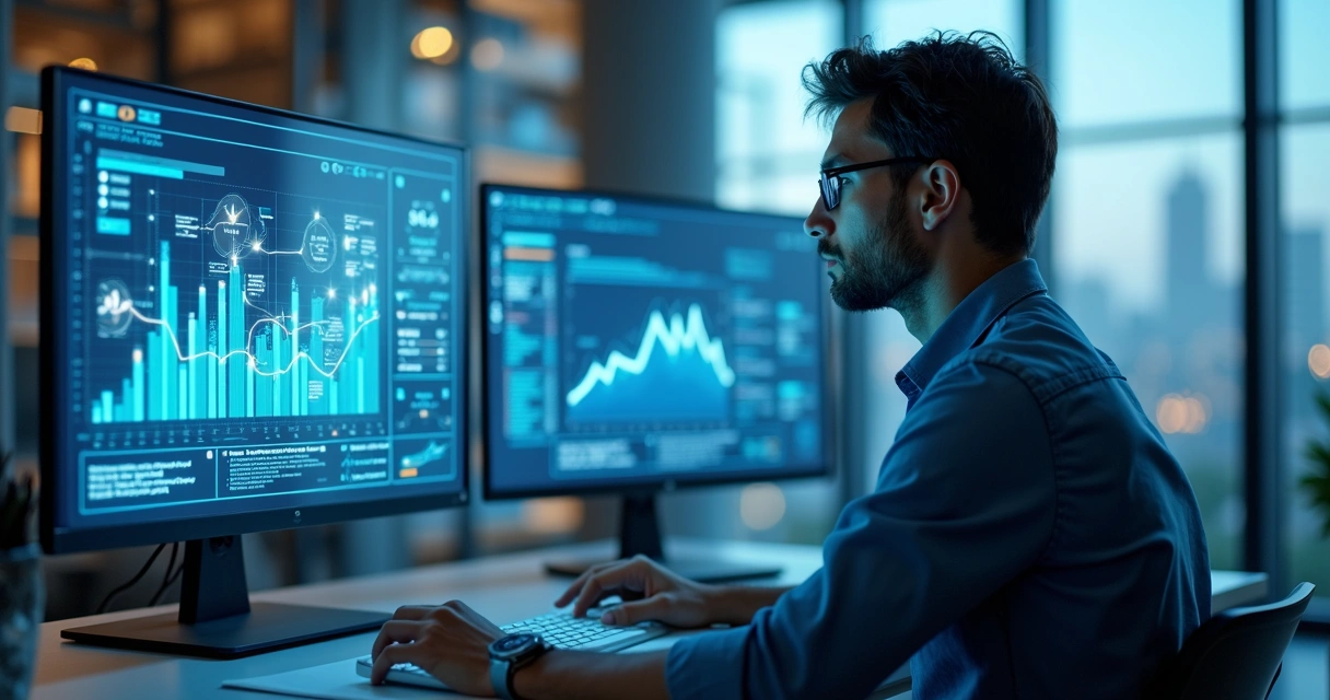 Empreendedor analisa protótipo digital em tela com gráficos e luz azul 