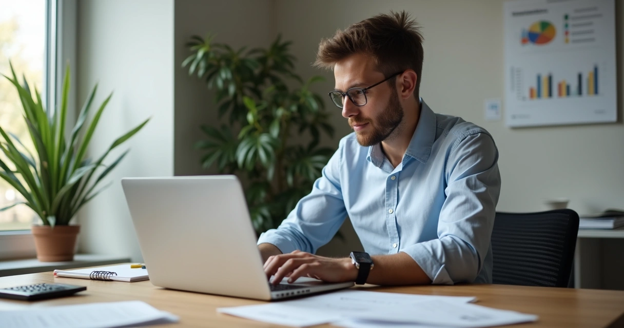 Empreendedor analisa relatório financeiro em laptop 